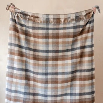 Recycled Wool Tan & Grey Neutral Check Throw Blanket