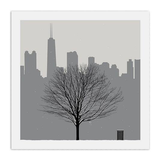 Chicago Skyline with Winter Tree 23" x 23" Screen Print