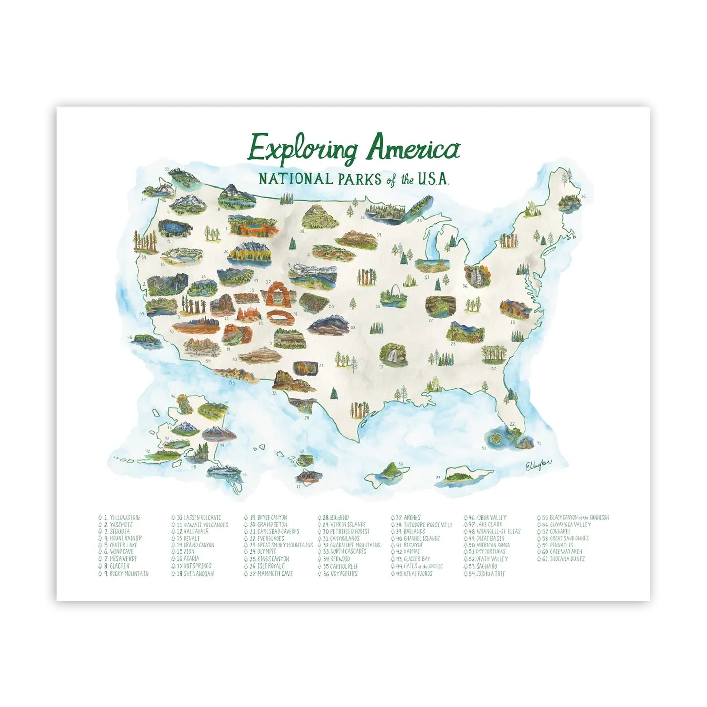 National Park Checklist 11" x 14" Map Print