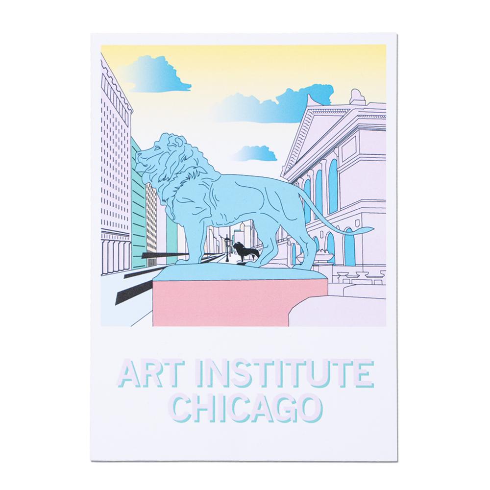 Art Institute Lion Chicago Illustrated Postcard