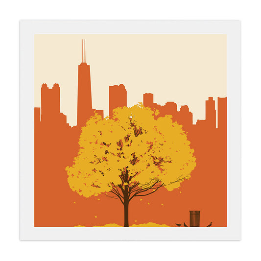 Chicago Skyline with Fall Tree 23" x 23" Screen Print
