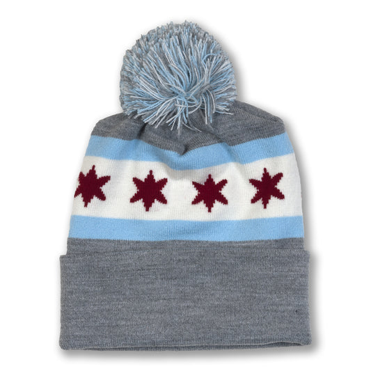 Chicago Flag Heather Grey Knit Hat with Pom