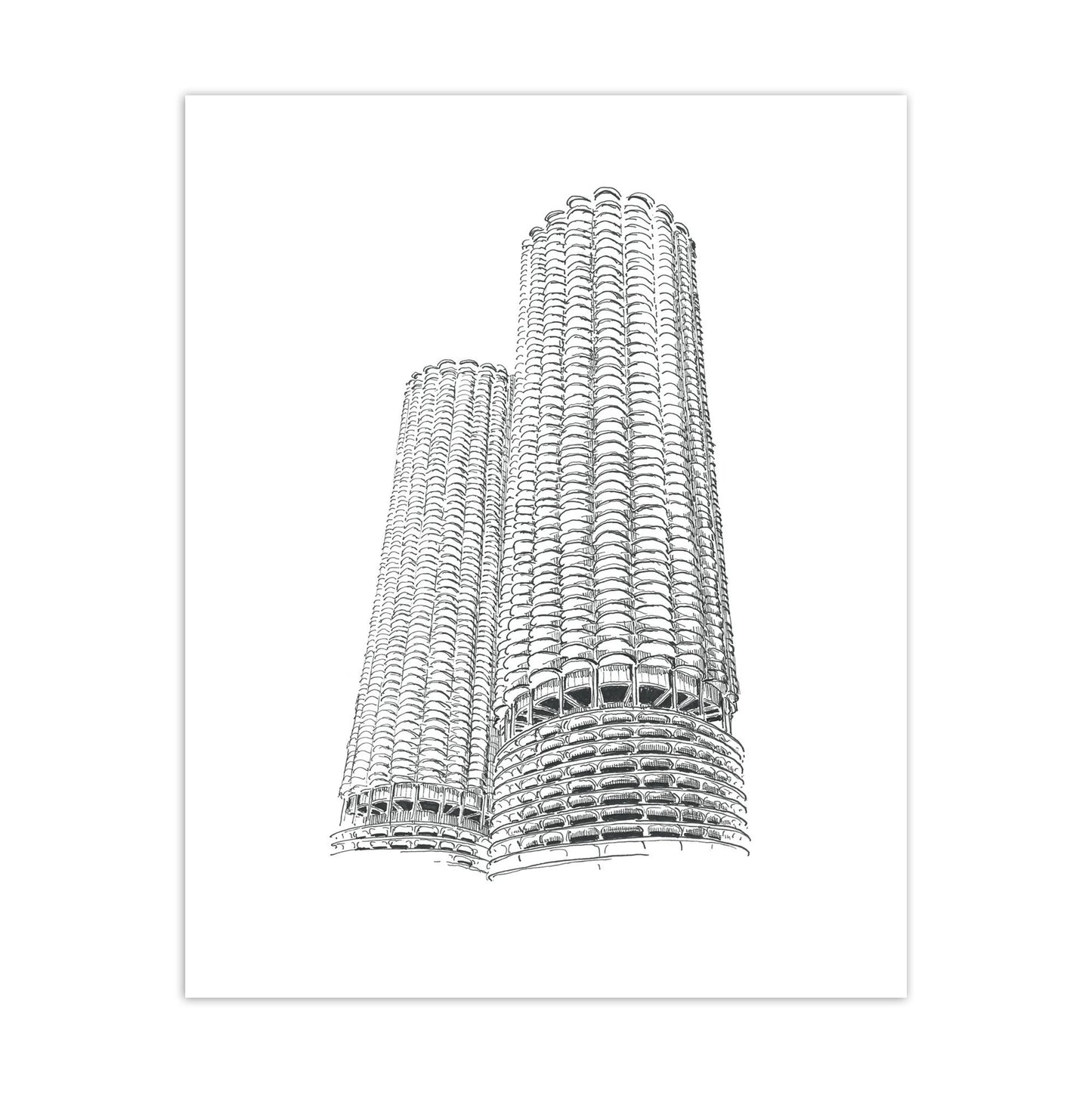 Chicago's Marina City Towers Buildings Illustrated 8" x 10" Print