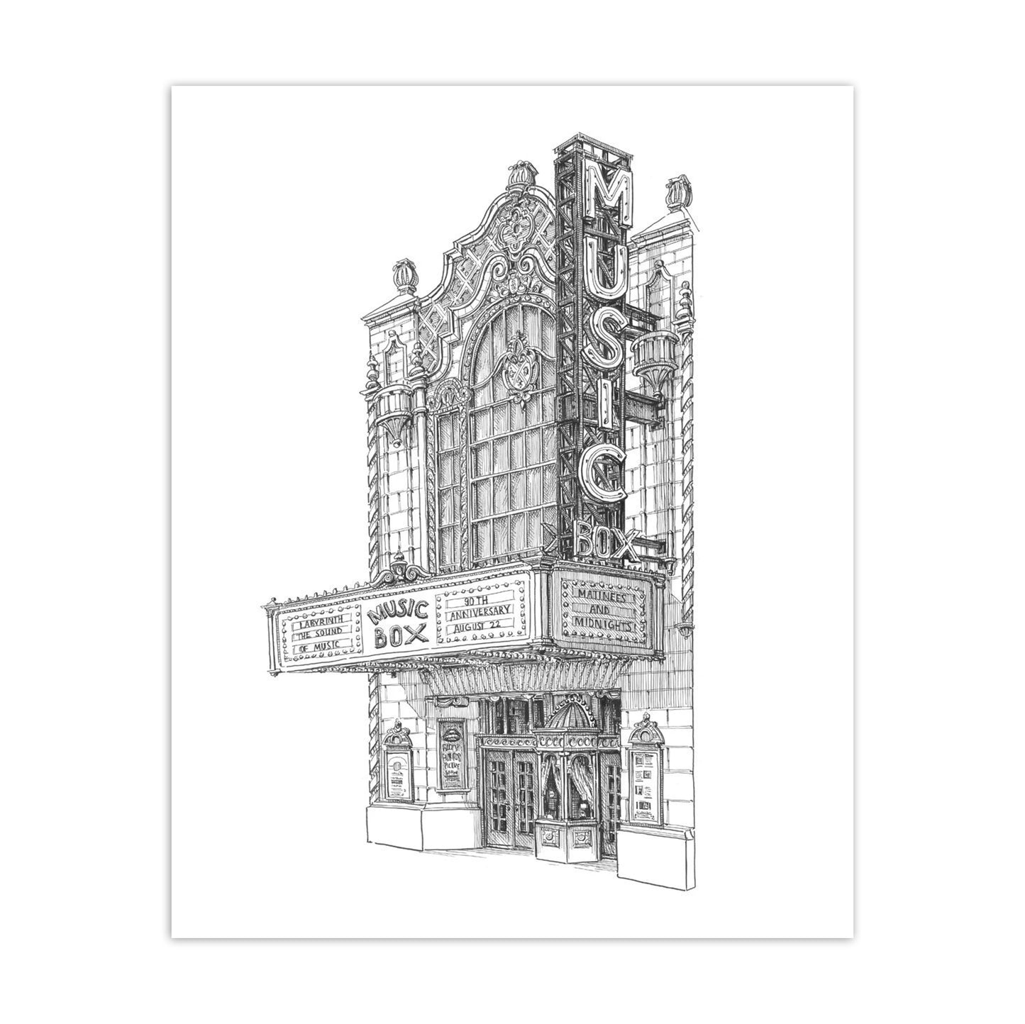 Chicago's Music Box Theatre Pen & Ink Illustrated 8" x 10" Print
