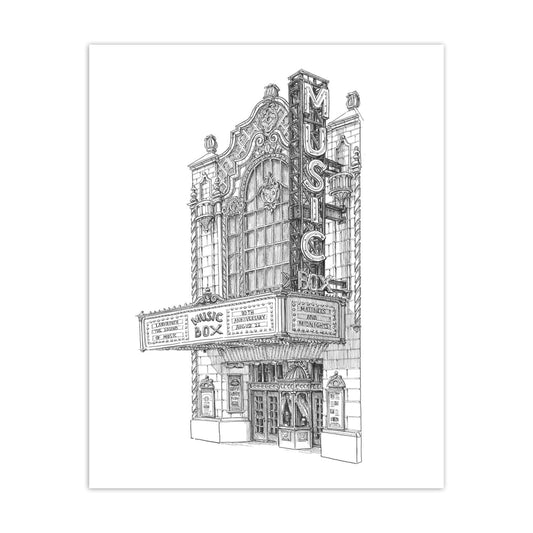 Chicago's Music Box Theatre Pen & Ink Illustrated 8" x 10" Print