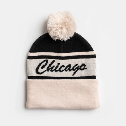 Chicago Knit Script Type Adult Pom Beanie Hat