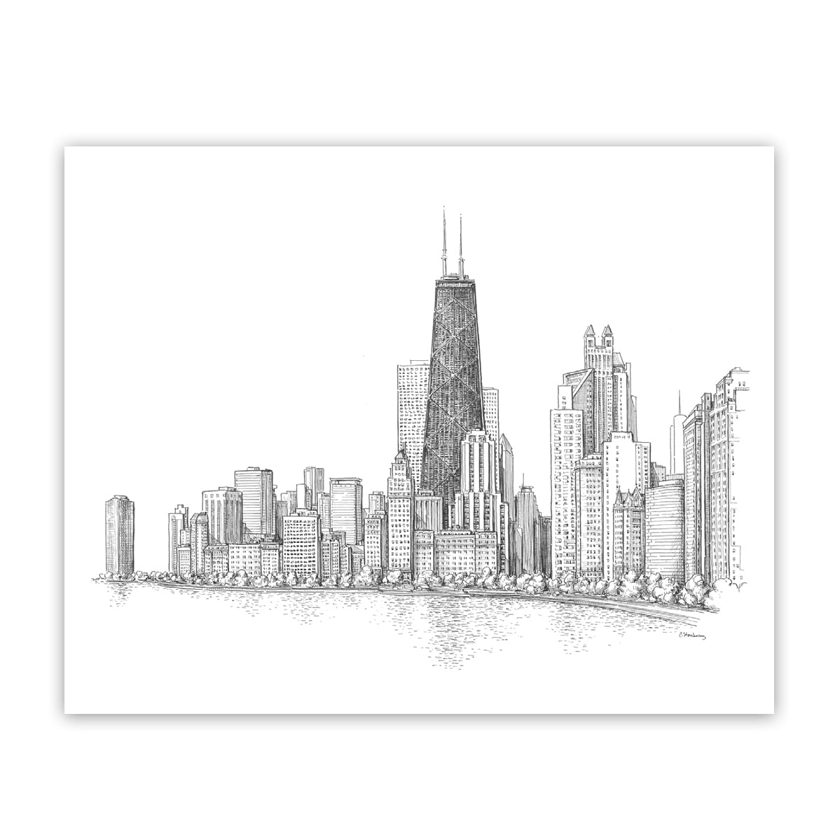 Chicago Skyline & Lakefront Pen & Ink Illustrated 8" x 10" Print