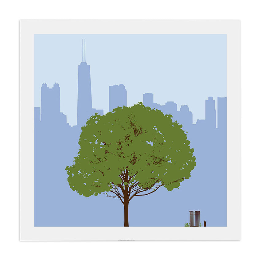 Chicago Skyline with Summer Tree 23" x 23" Screen Print
