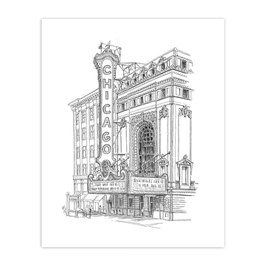 Chicago Theater Pen & Ink Illustrated 8" x 10" Print
