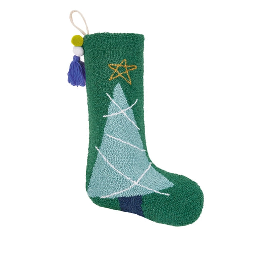 Christmas Tree Hooked Wool Holiday Stocking with Pom Pom Tassel