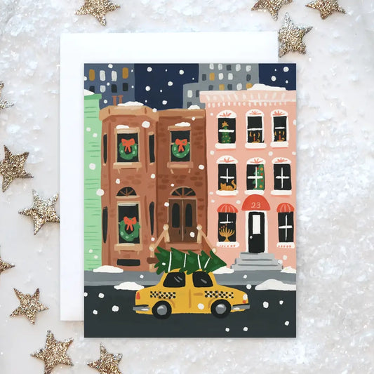 City Street Christmas Tree Cab Holiday Card