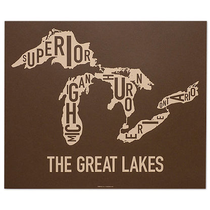 great lakes typographic map screen print in brown by ork posters