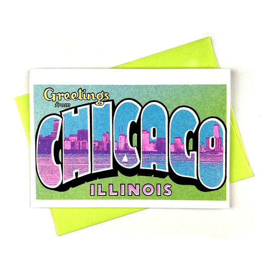 Greetings from Chicago Neon Risograph Card