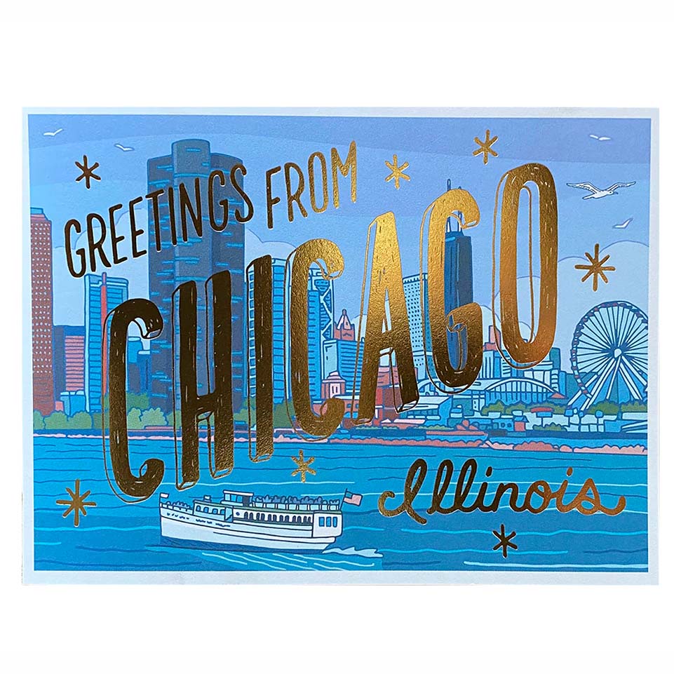 Greetings From Chicago Gold Foil Illustrated Postcard