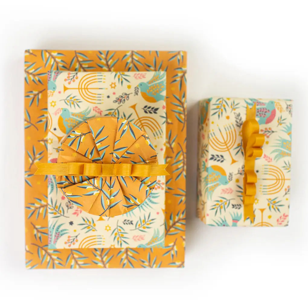 Hanukkah Doves & Golden Branches Eco-friendly Two-sided Holiday Gift Wrap (Set of 3 22" x 34" sheets)