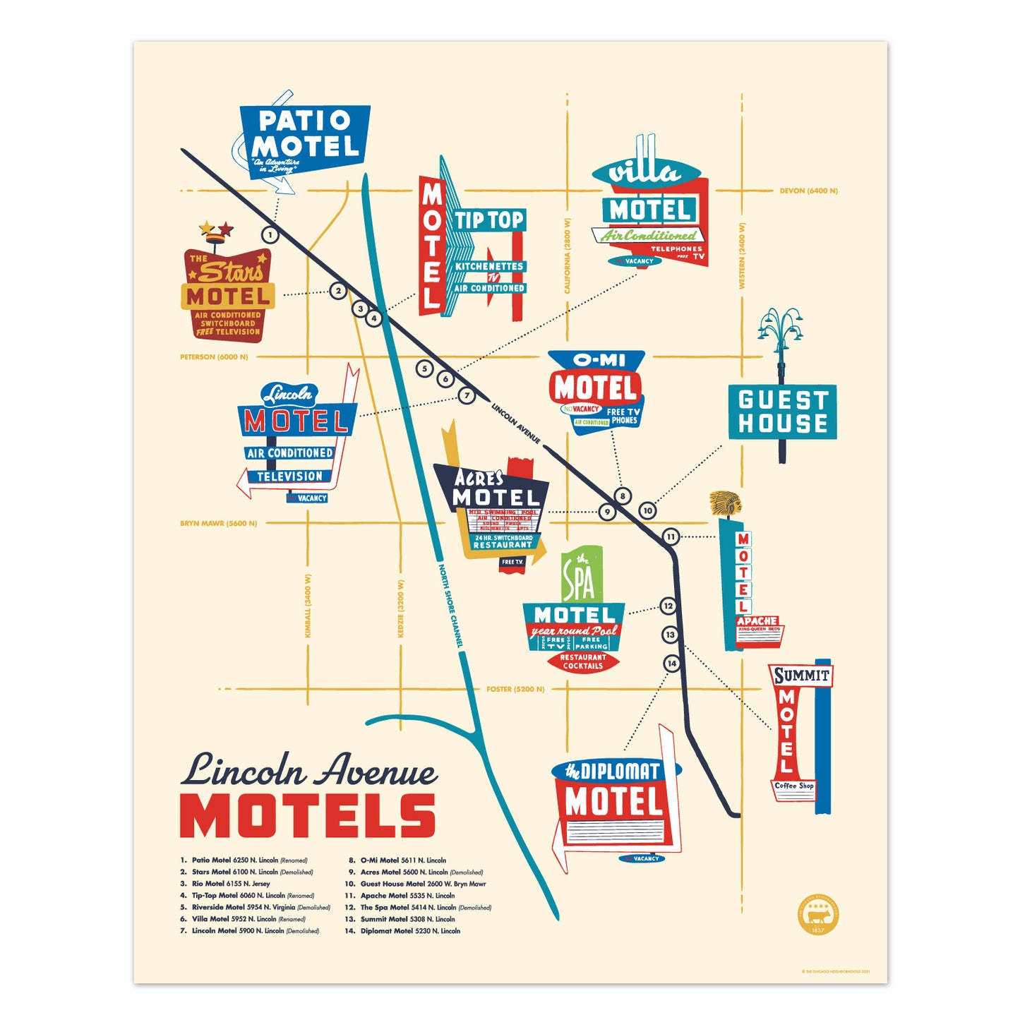 Lincoln Avenue Motels Chicago 16" x 20" Tourism Poster