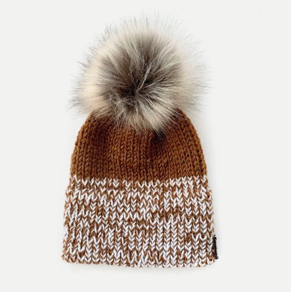 Marled Double Brim Knit Beanie Hat with Detachable Faux Fur Pom