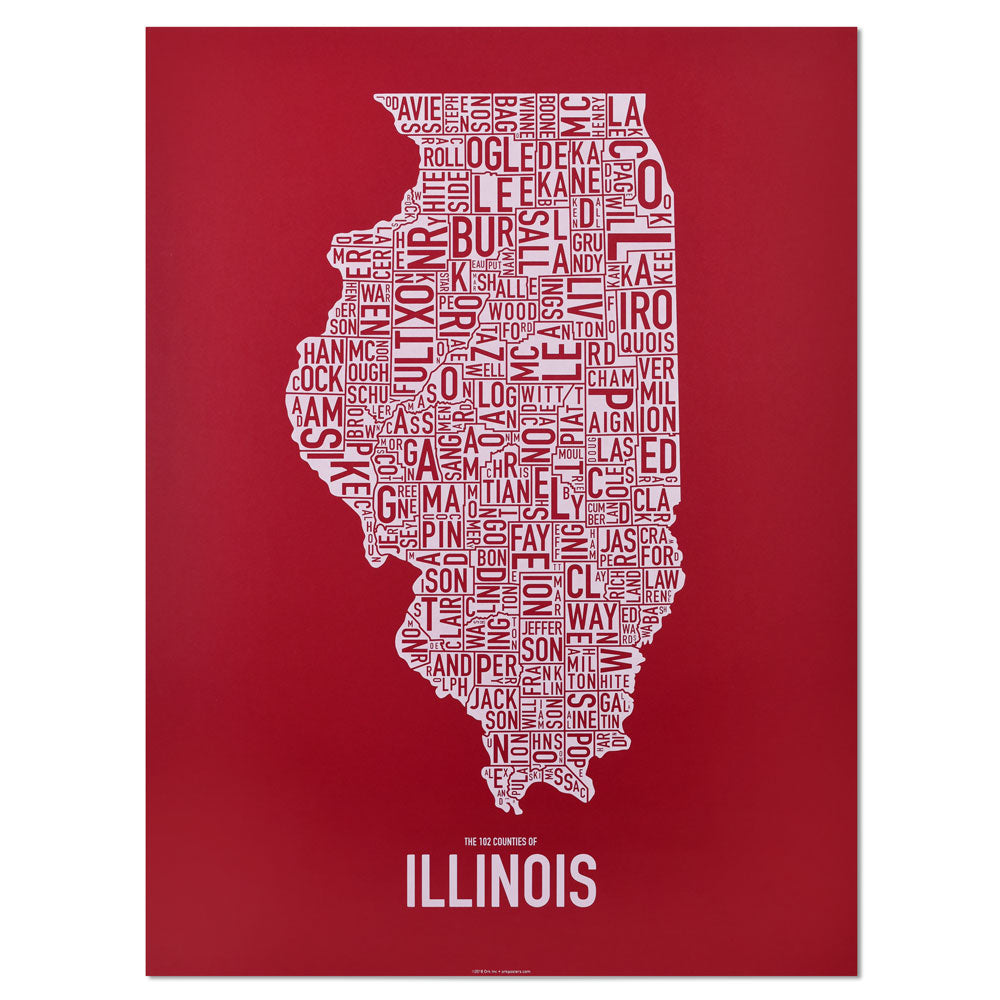 Illinois Typographic County Map 18" x 24" Screen Print