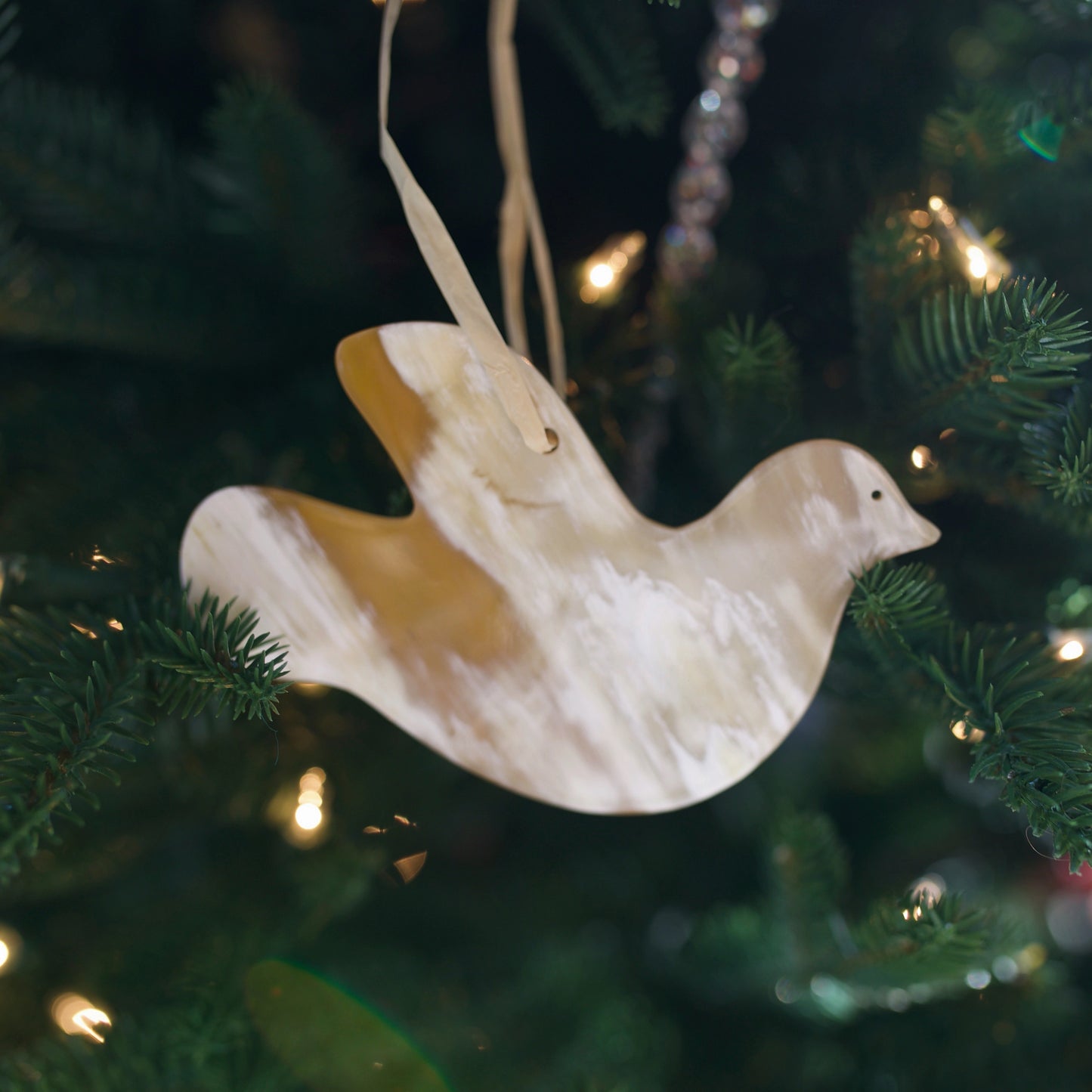 Dove Carved Cow Horn Holiday Ornament
