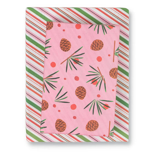 Pink Pinecone & Christmas Stripes Eco-friendly Two-sided Holiday Gift Wrap (Set of 3 22" x 34" sheets)