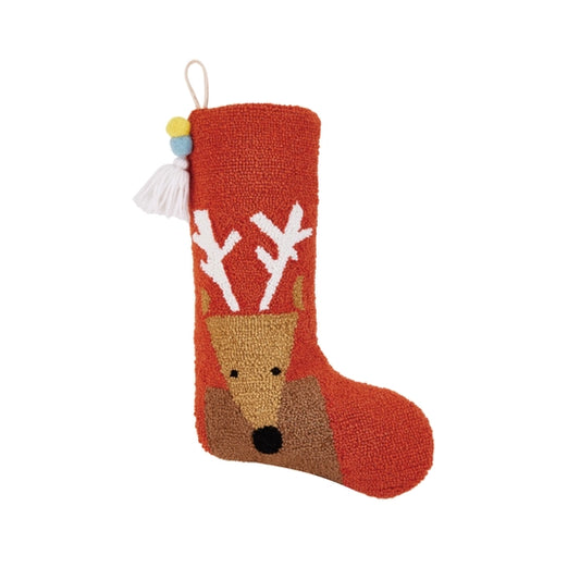 Reindeer Hooked Wool Holiday Stocking with Pom Pom Tassel