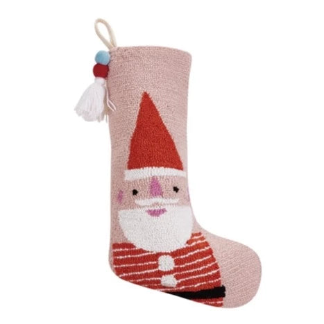 Santa Hooked Wool Holiday Stocking with Pom Pom Tassel