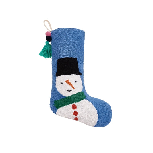 Snowman Hooked Wool Holiday Stocking with Pom Pom Tassel