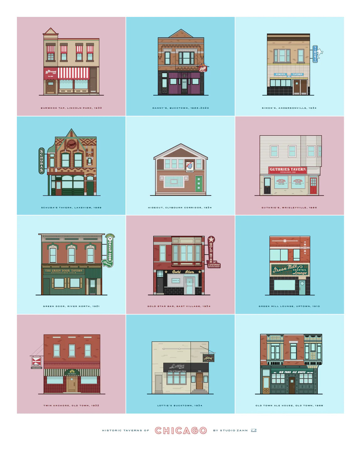 Taverns of Chicago Grid Background 16" x 20" Archival Print