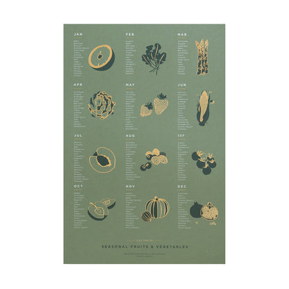 Seasonal Fruit and Vegetable Calendar 13" x 19" Foil Pressed Print